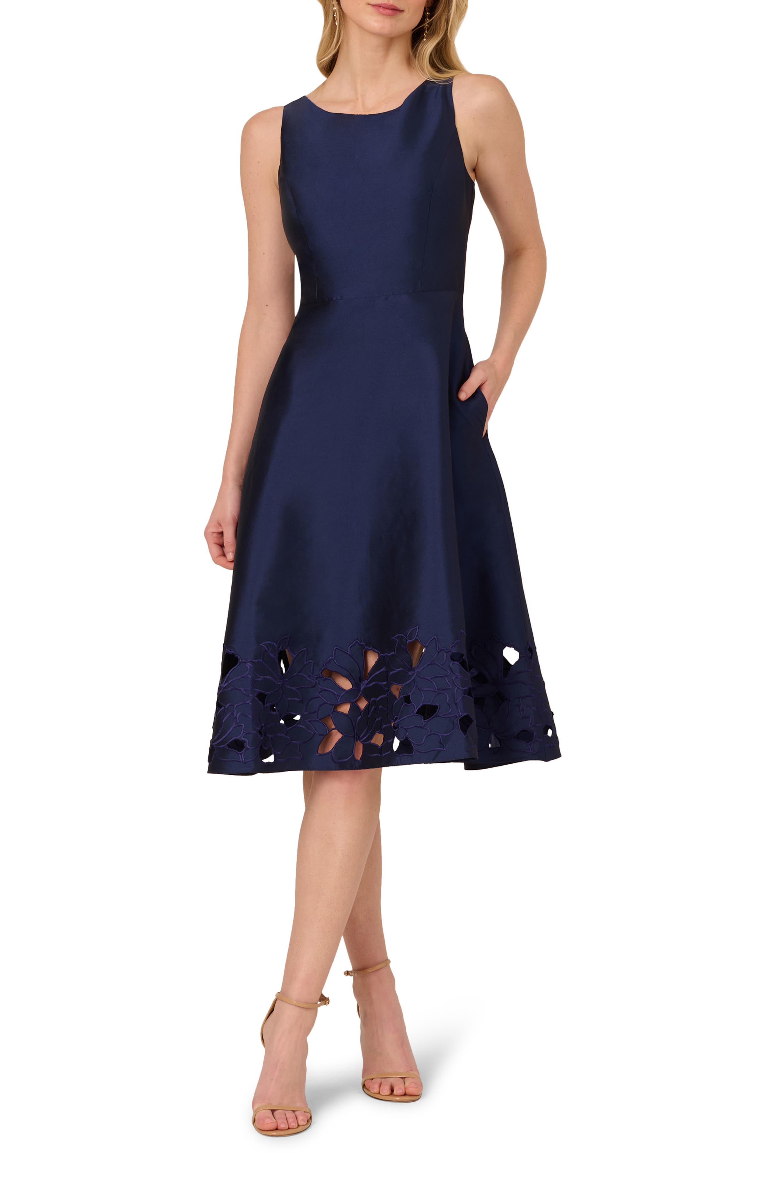 Adrianna Papell Cutwork Detail Taffeta Cocktail Dress in Light Navy 