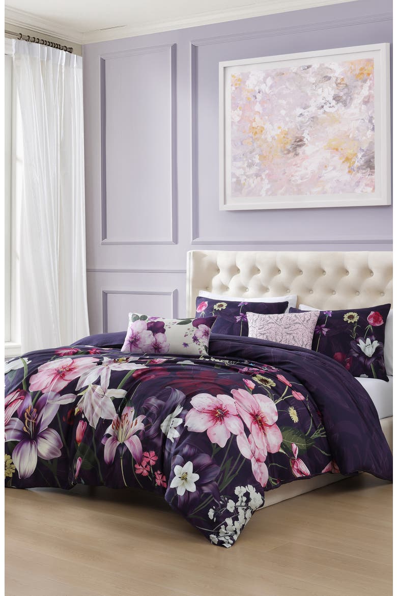 Morning Glory Reversible 5-Piece Comforter Set, Alternate, color, PURPLE