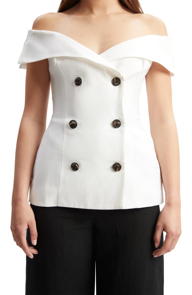 Bardot Eliora Off the Shoulder Linen Top, Main, color, Orchid Wht