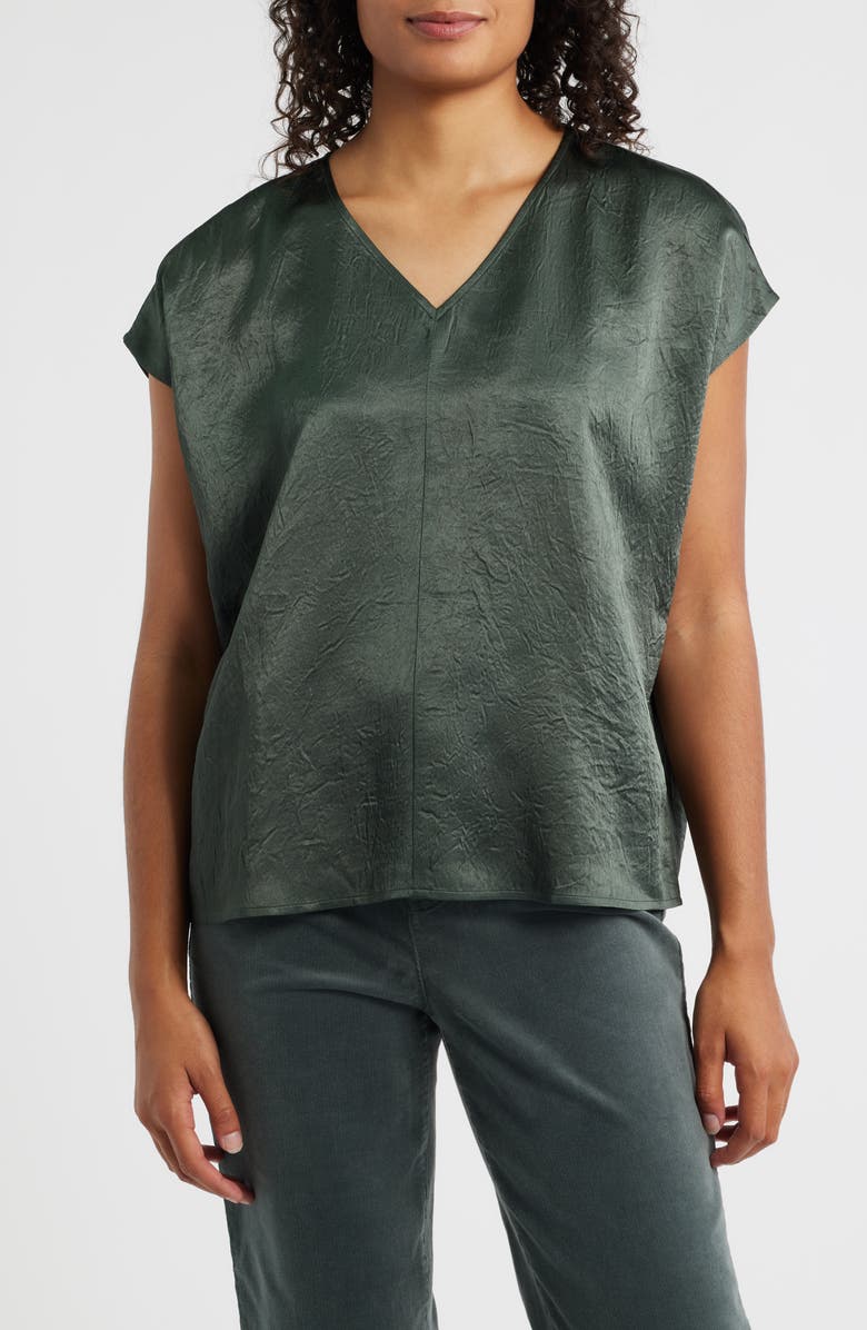 Eileen Fisher V-Neck Square Satin Top, Main, color, Everglade