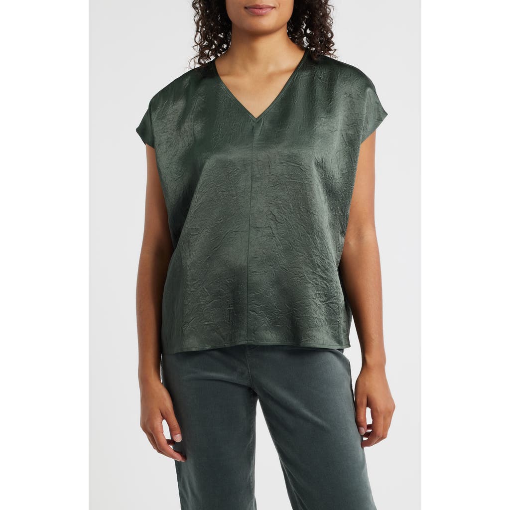 Eileen Fisher V-neck Square Satin Top In Green