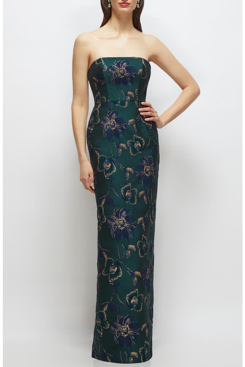 Metallic Strapless Jacquard Column Gown, Main, color, EVERGREEN FLORAL