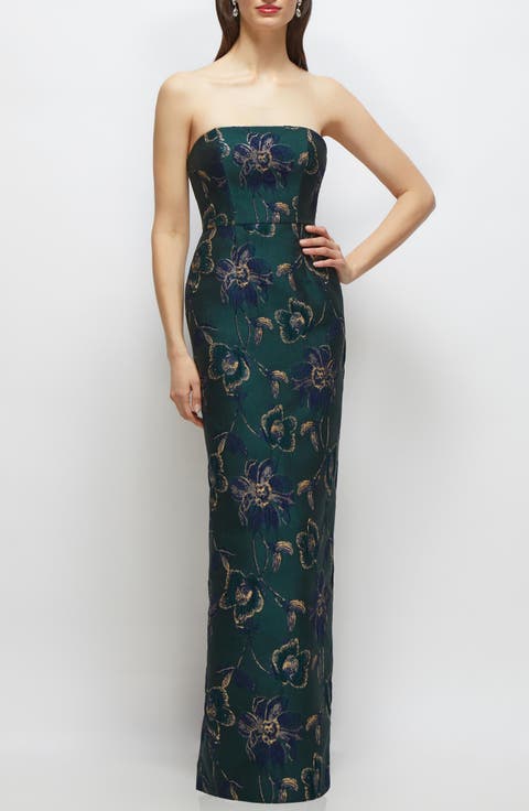 Metallic Strapless Jacquard Column Gown