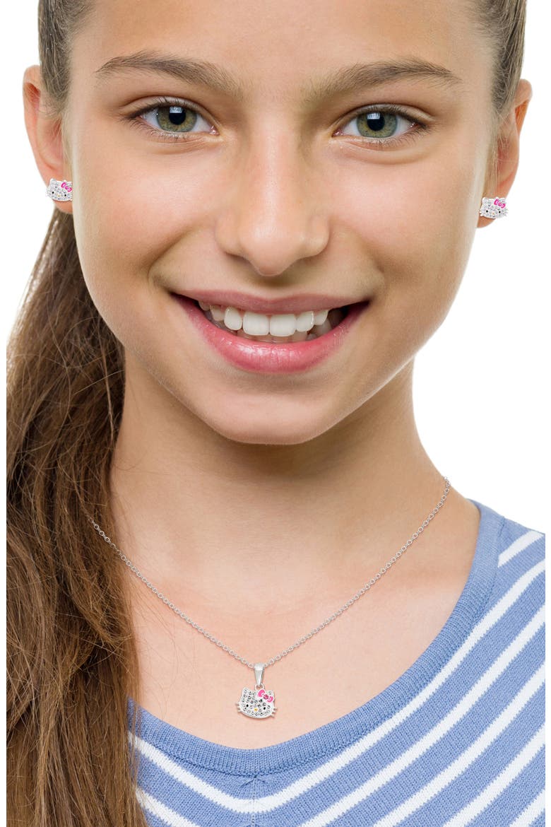 x Hello Kitty® Pendant Necklace & Stud Earrings Set, Alternate, color, PINK AND SILVER