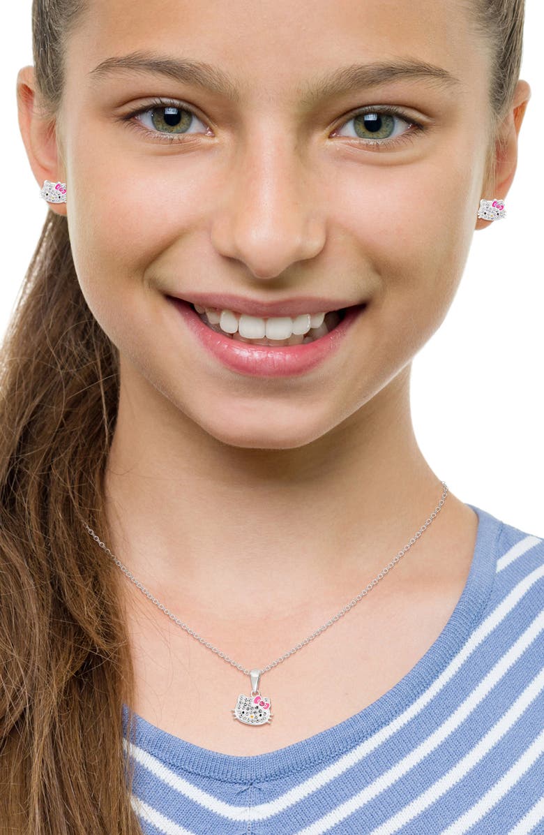 Jacmel x Hello Kitty<sup>®</sup> Pendant Necklace & Stud Earrings Set, Alternate, color, Pink And Silver
