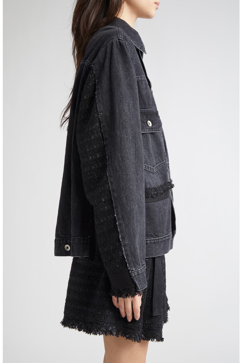Mixed Media Denim & Tweed Trucker Jacket, Alternate, color, BLACK/ BLACK 002