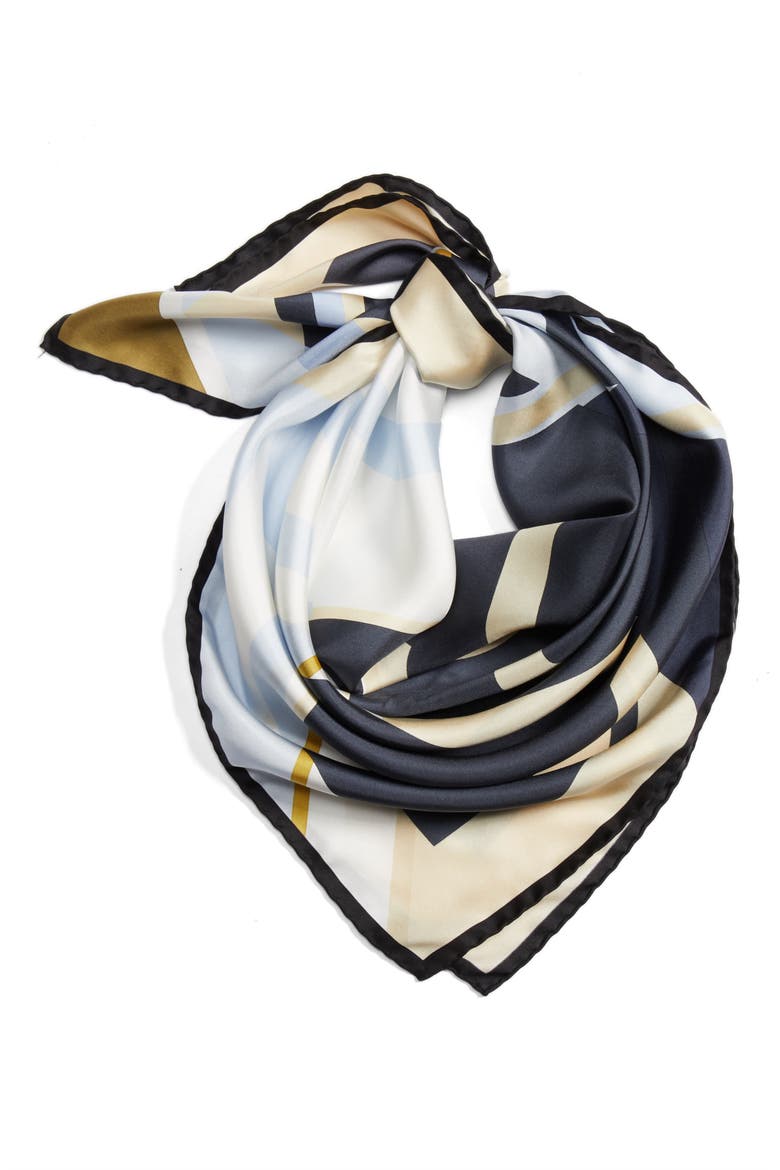 Stripe Anagram Print Silk Twill Scarf, Alternate, color, DARK NAVY BLUE