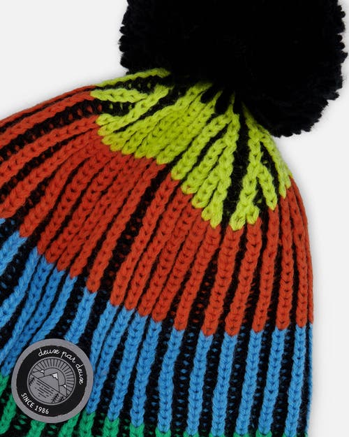 Deux Par Deux Lined Peruvian Knit Winter Hat With Pompom Multicolor In Blue
