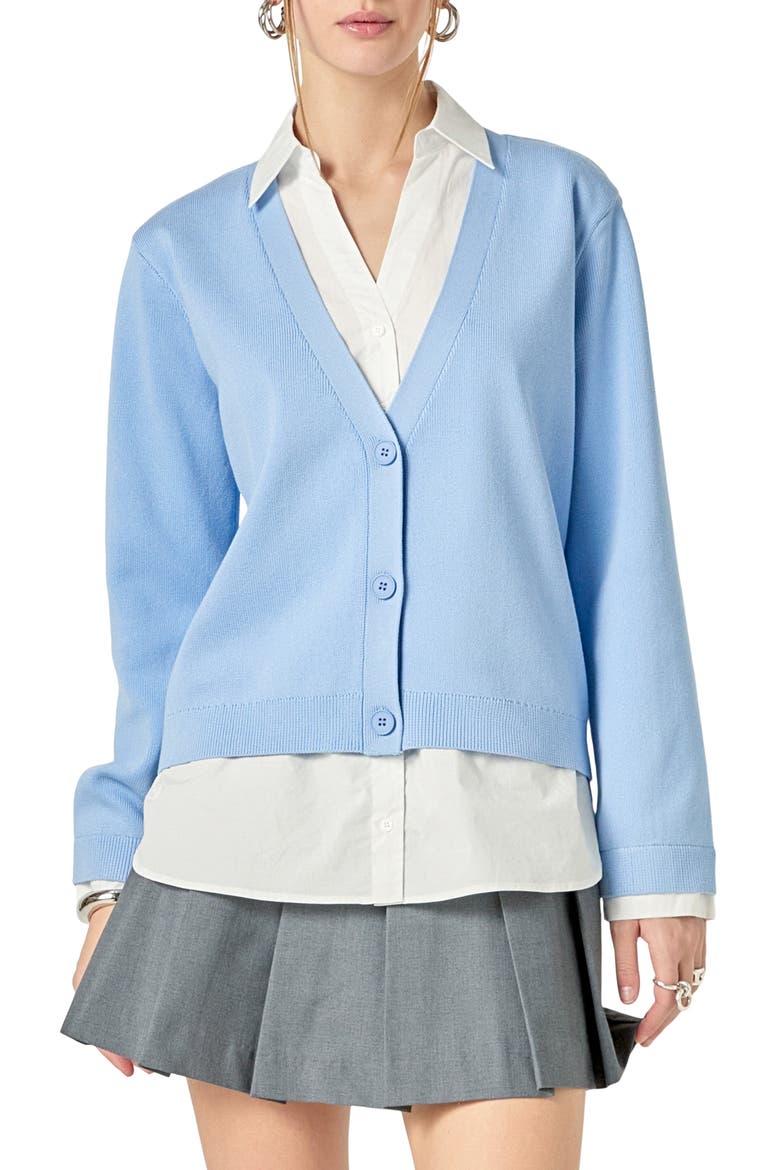 Mixed Media Button-Up Shirt, Main, color, POWDER BLUE