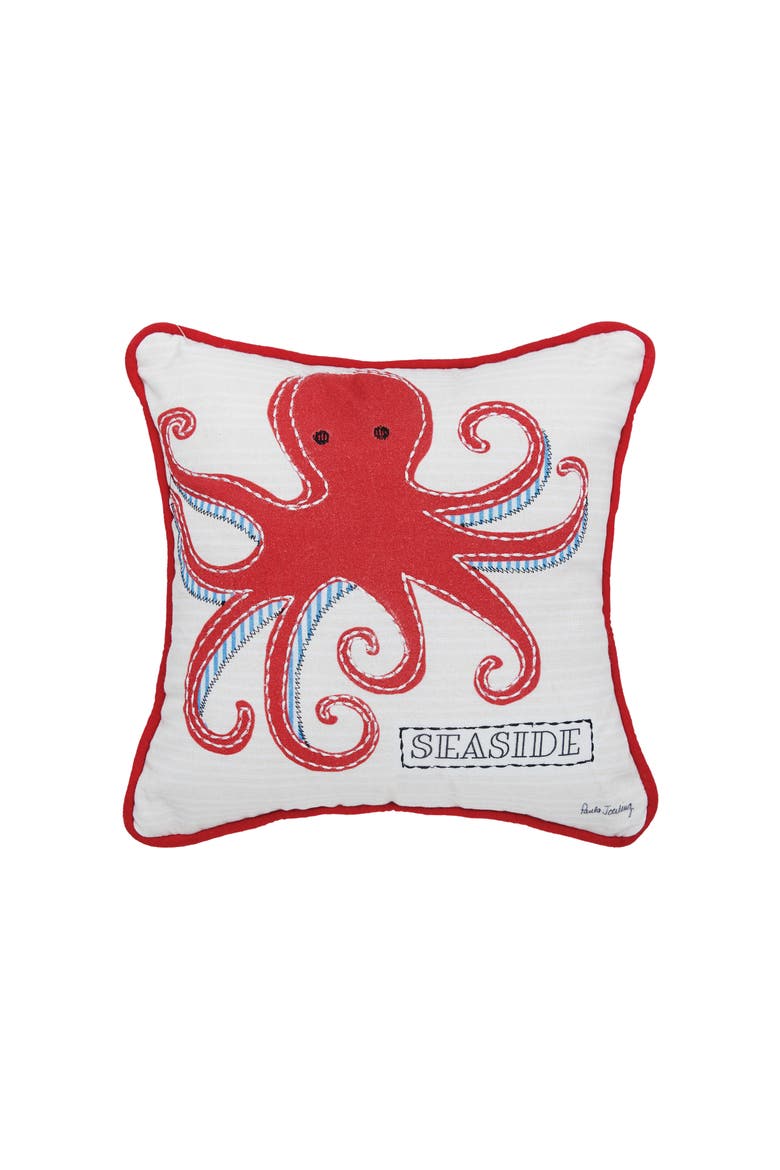 Octopus Seaside Printed and Applique Cott0n Small/Petite Accent Pillow, 10" x 10", Main, color, Red