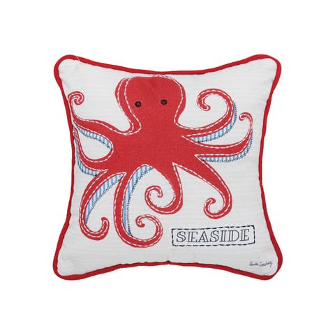 Octopus Seaside Printed and Applique Cott0n Small/Petite Accent Pillow, 10" x 10"