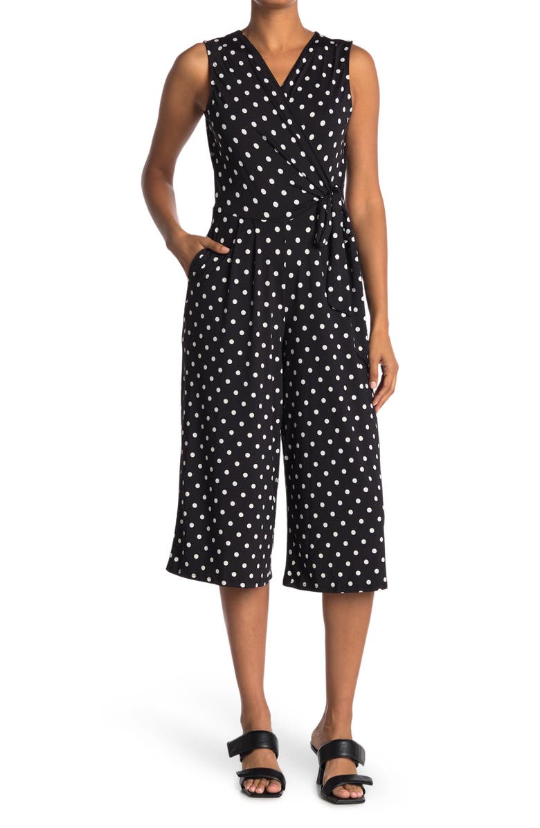 Nina Leonard Surplice Culotte Crop Jumpsuit, Main, color, Black/ Ivory Timeless Dot