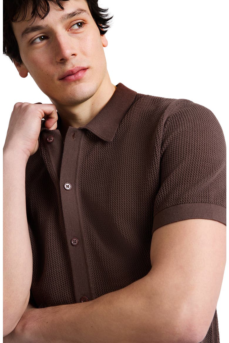 Crochet Knit Button Up Short Sleeve Shirt, Alternate, color, Espresso