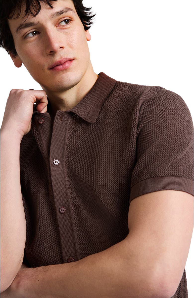 Onia Crochet Knit Button Up Short Sleeve Shirt, Alternate, color, Espresso