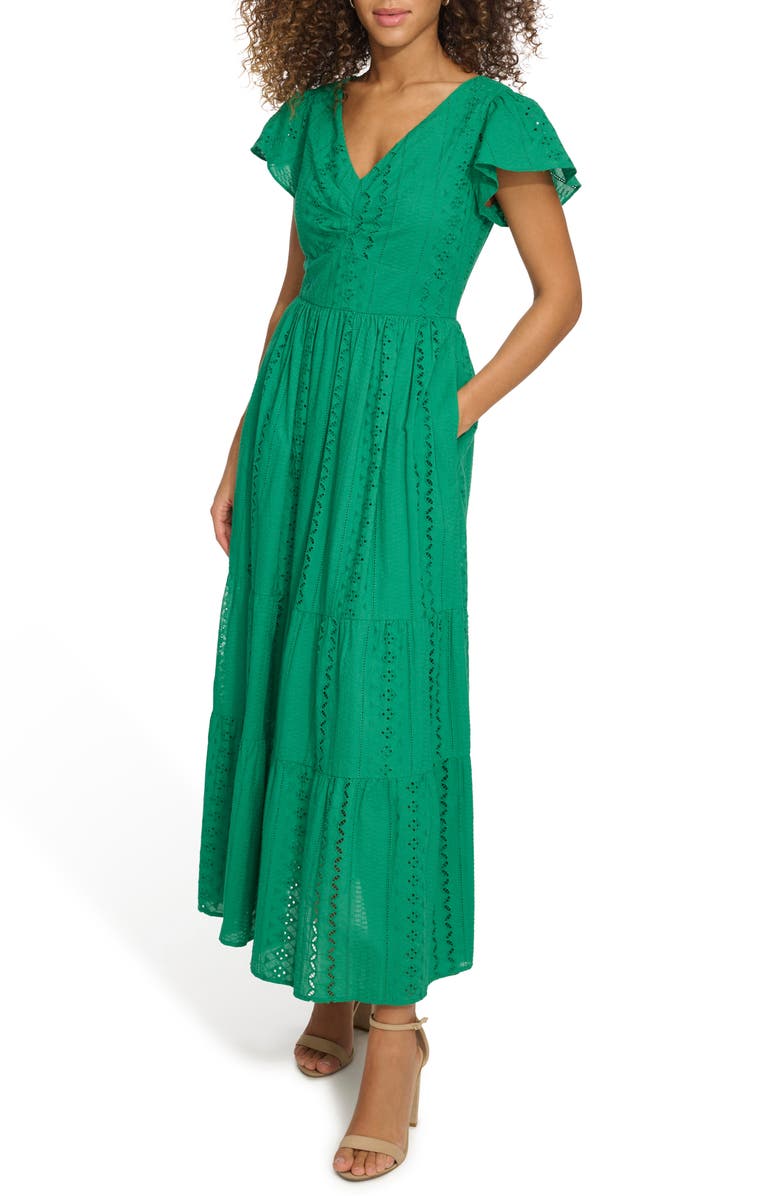 Kensie Embroidered Eyelet Flutter Sleeve Cotton Fit & Flare Maxi Dress, Alternate, color, 
