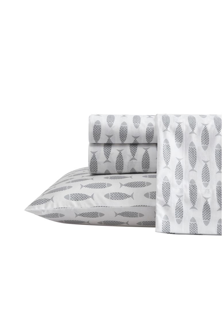 Woodblock Fish Cotton Percale Sheet Set, Main, color, GREY