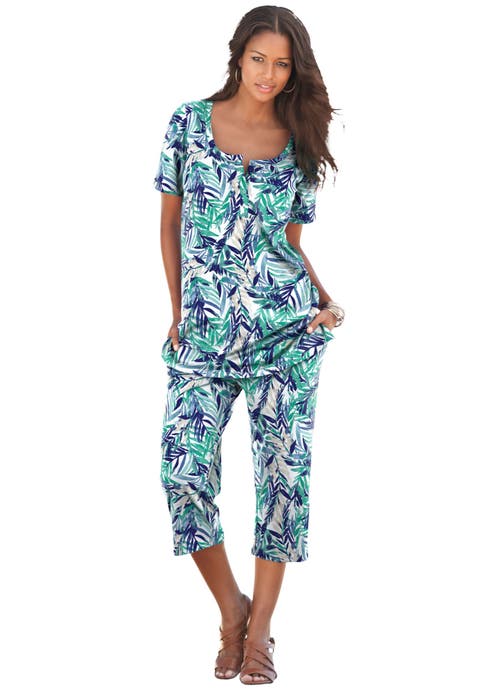 Plus Size 2-Piece Printed Henley Top and Capri Set (Plus)