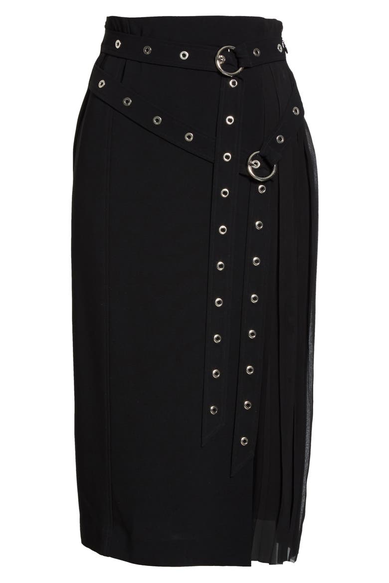 Tess Grommet Double Belt Crepe Midi Skirt, Alternate, color, BLACK
