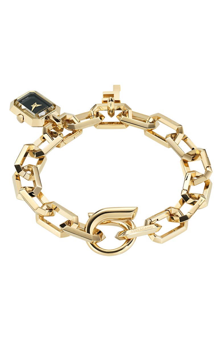 FERRAGAMO 'F' Charm Bracelet Watch, 16mm x 21mm, Alternate, color, Ip Yellow Gold
