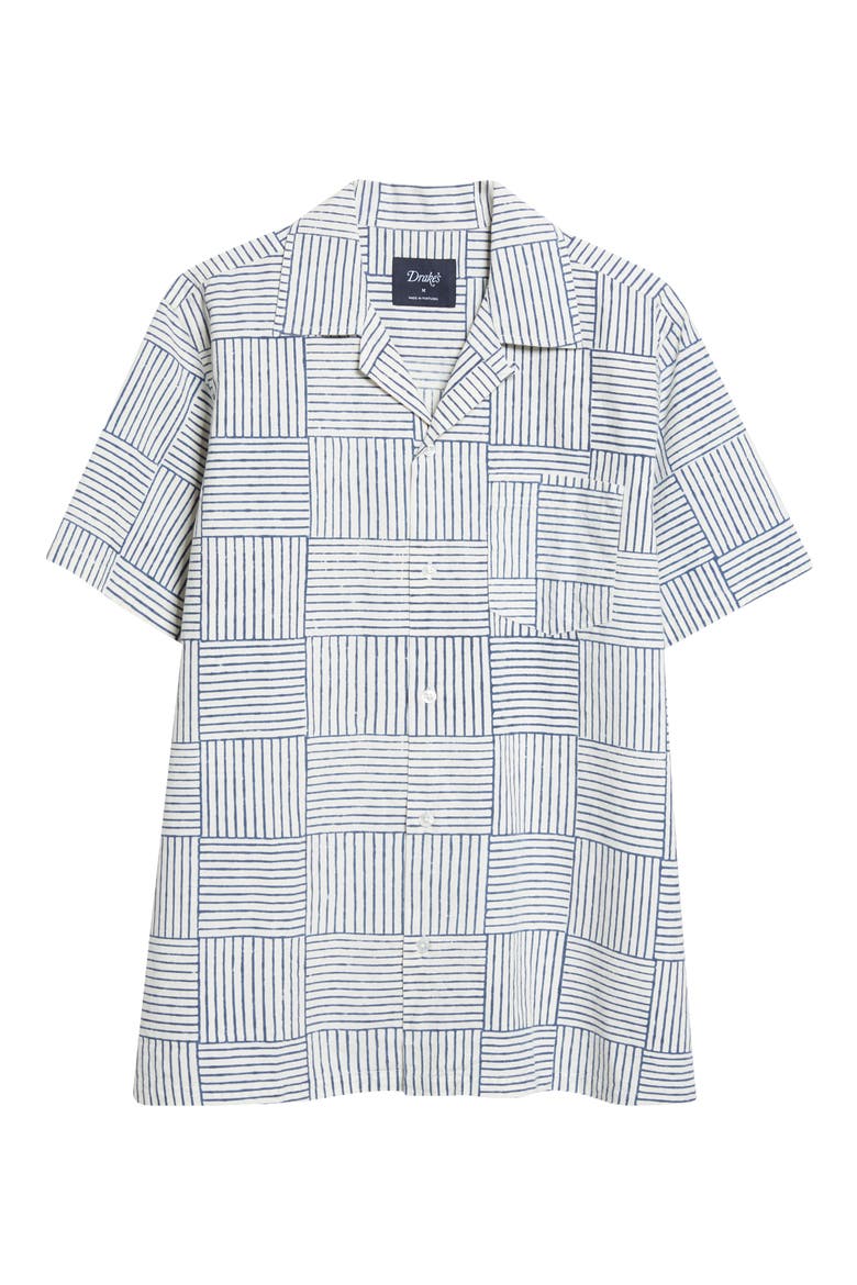 Weave Block Print Cotton Camp Shirt, Alternate, color, NAVY AND WHITE