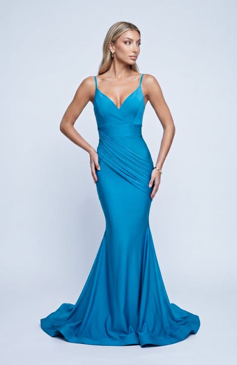 Ruched Plunge Neck Mermaid Evening Gown