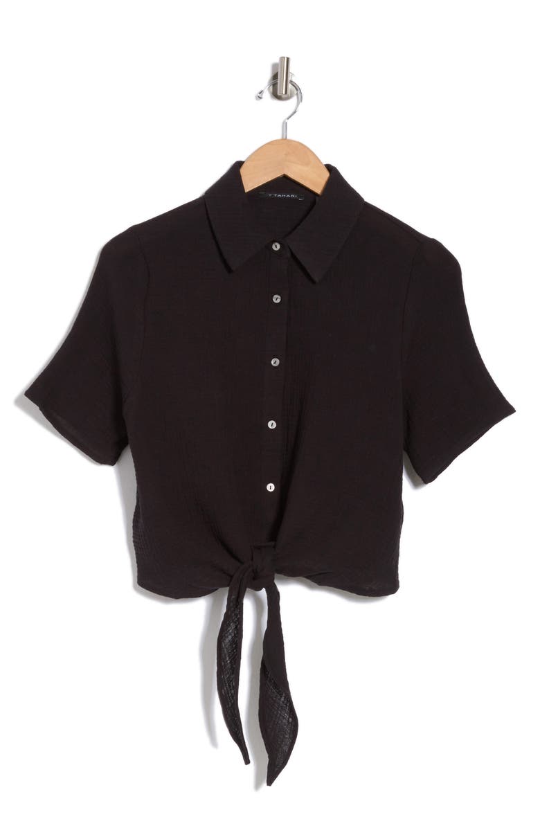 T Tahari Short Sleeve Tie Front Cotton Gauze Shirt, Alternate, color, 