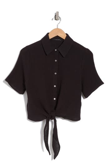 T Tahari Short Sleeve Tie Front Cotton Gauze Shirt In Black