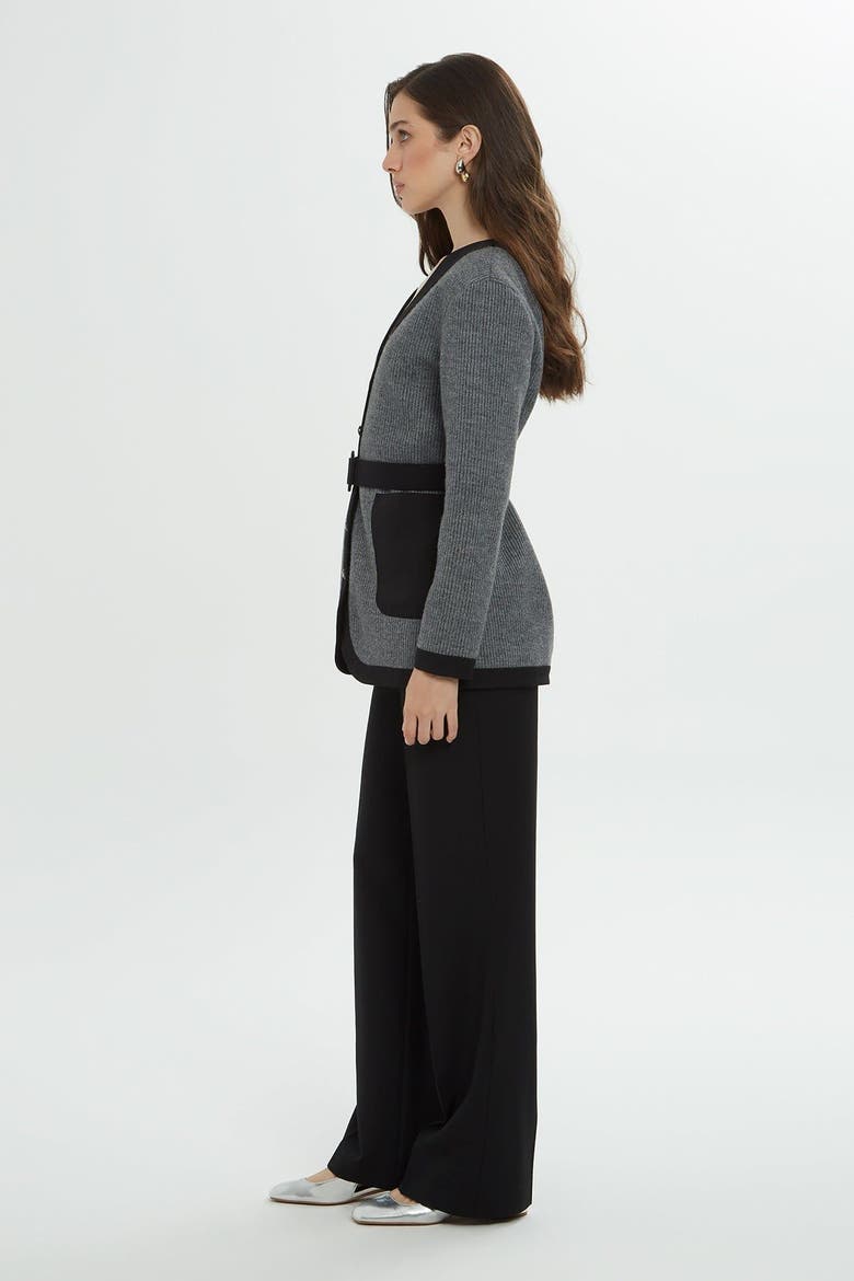 Grey and Black Cardigan Set with Belt Detail, Alternate, color, Grey