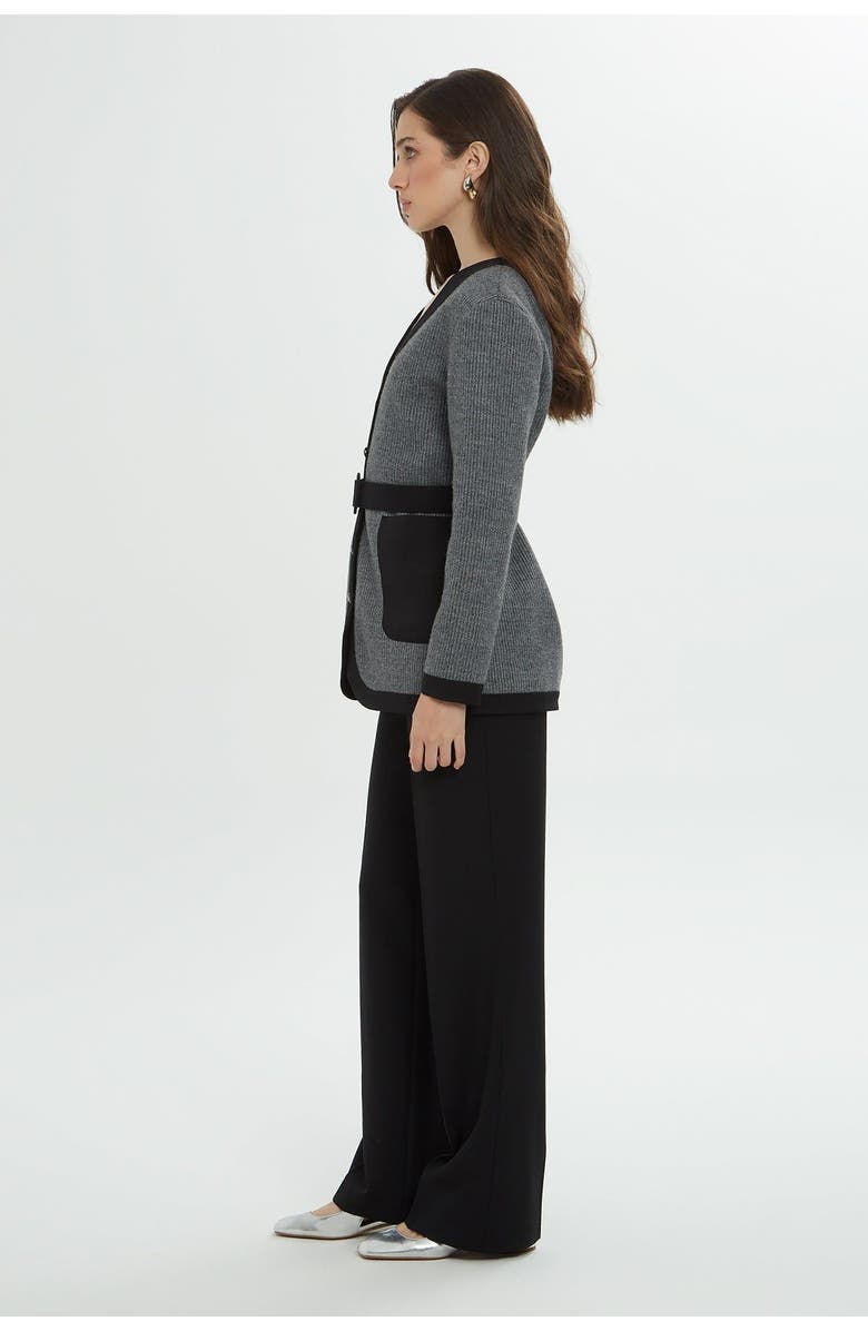 Gizia Grey and Black Cardigan Set with Belt Detail, Alternate, color, Grey