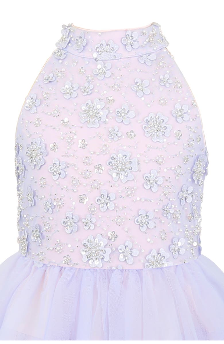 Zunie Kids' Sequin Embellished Bodice High-Low Mesh Skirt Party Dress, Alternate, color, Blue/ Pink