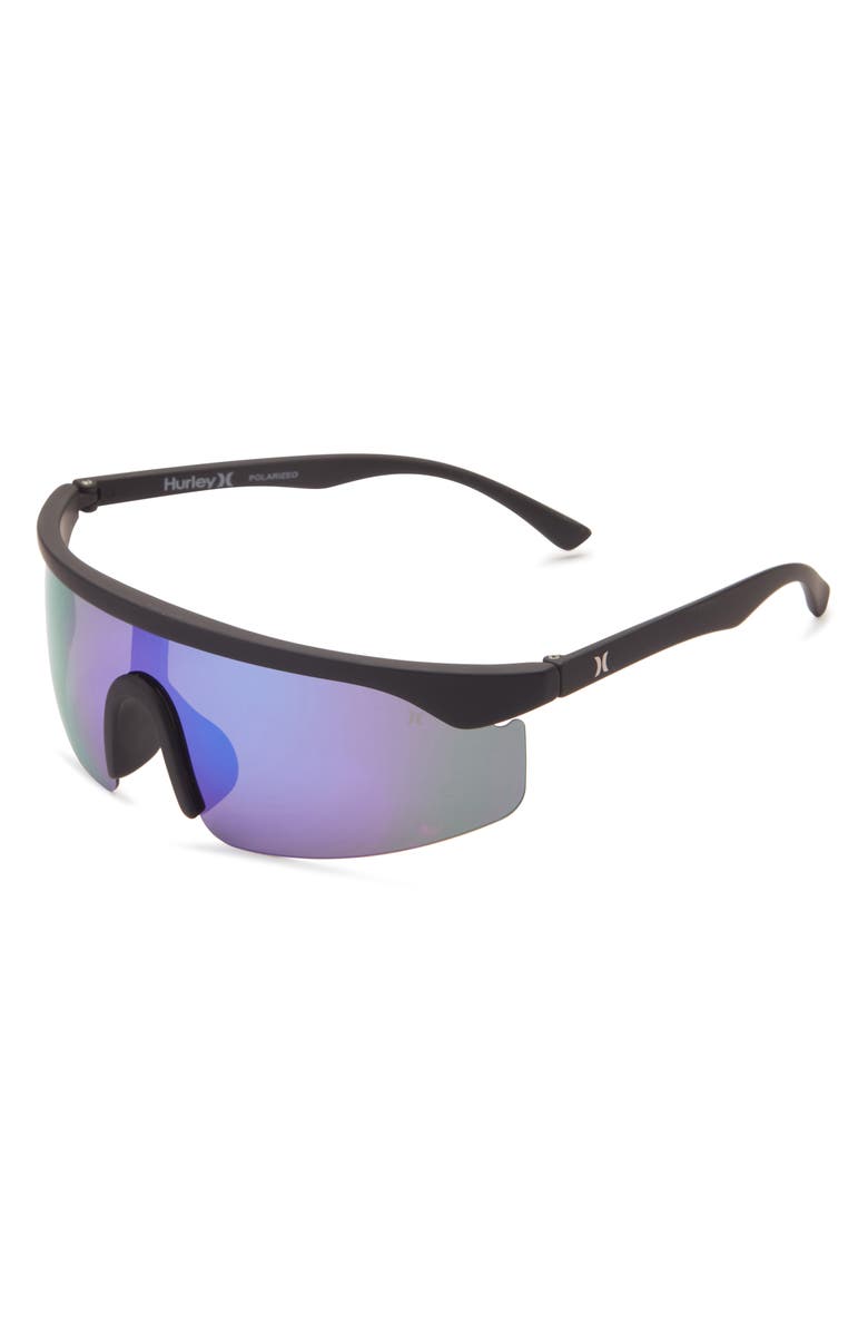 Hurley Polarized Flat Top Shield Sunglasses, Alternate, color, Rubberized Black