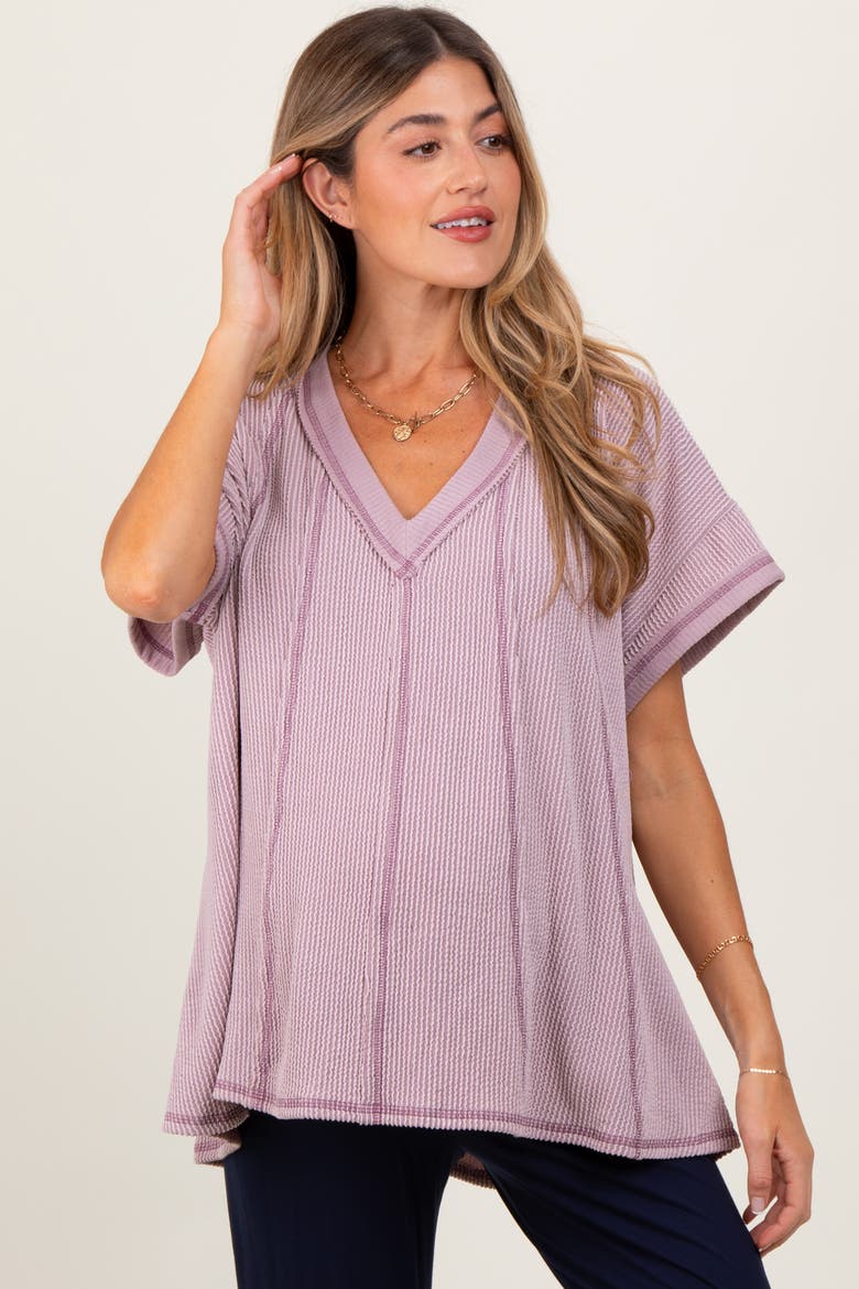 Striped Ribbed V-Neck Oversized Short Sleeve Top, Main, color, Mauve
