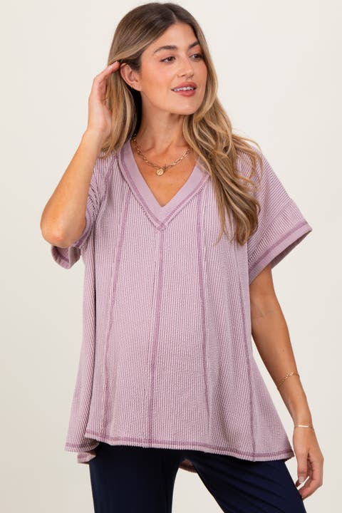 Striped Ribbed V-Neck Oversized Short Sleeve Top