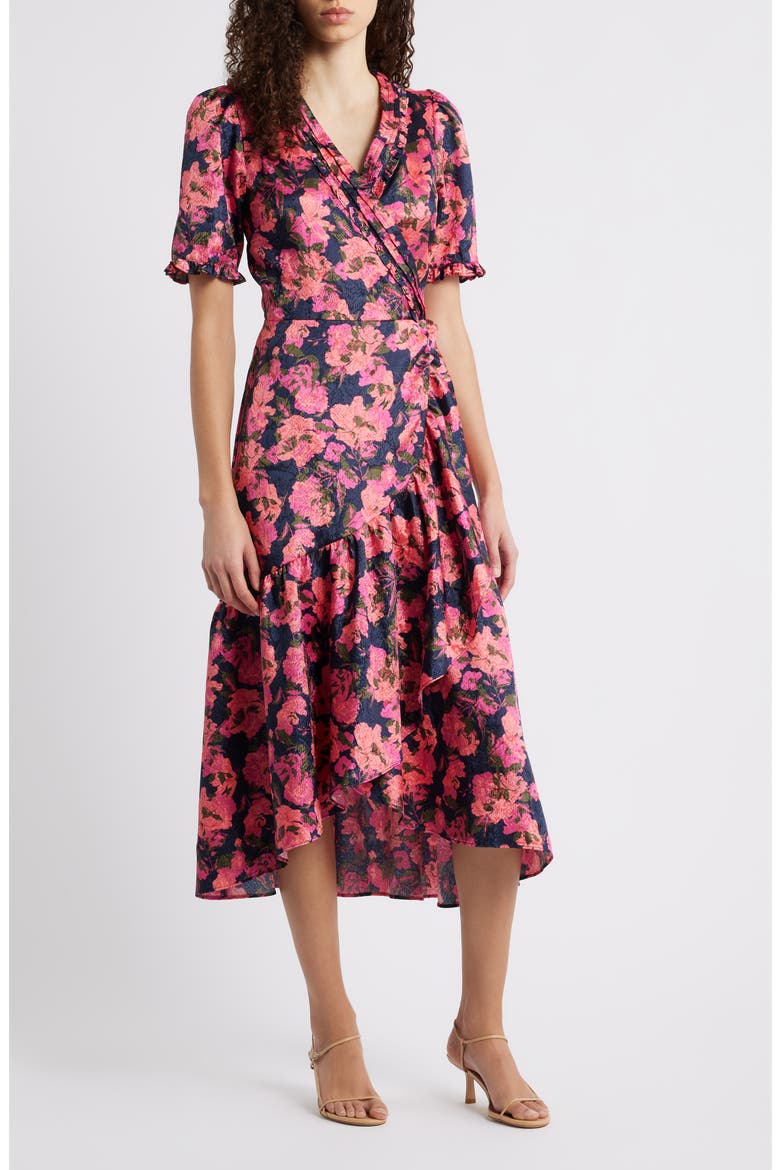Floral Satin Jacquard Faux Wrap Dress, Main, color, NAVY STILL LOLA ROSE