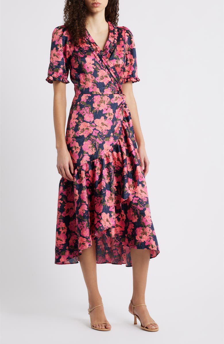 Caslon<sup>®</sup> Floral Satin Jacquard Faux Wrap Dress, Main, color, Navy Still Lola Rose