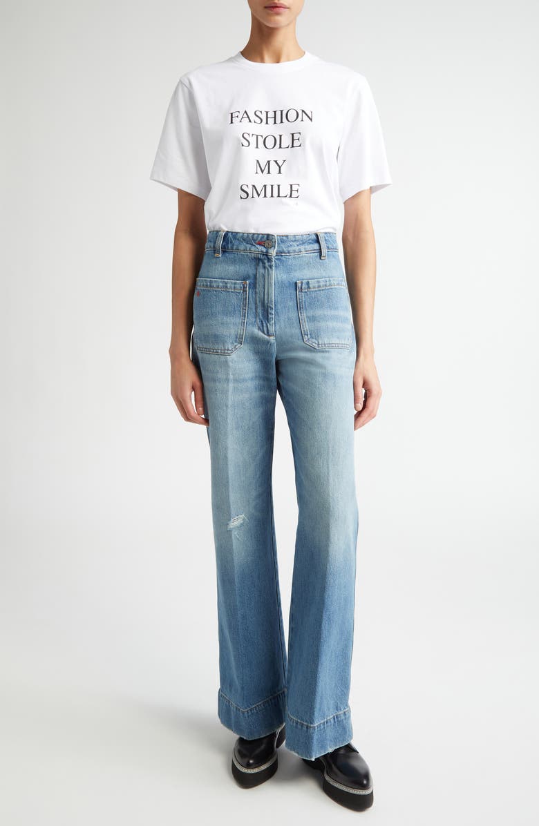 Victoria Beckham Alina High Waist Distressed Flare Jeans, Alternate, color, Worn Blue Wash