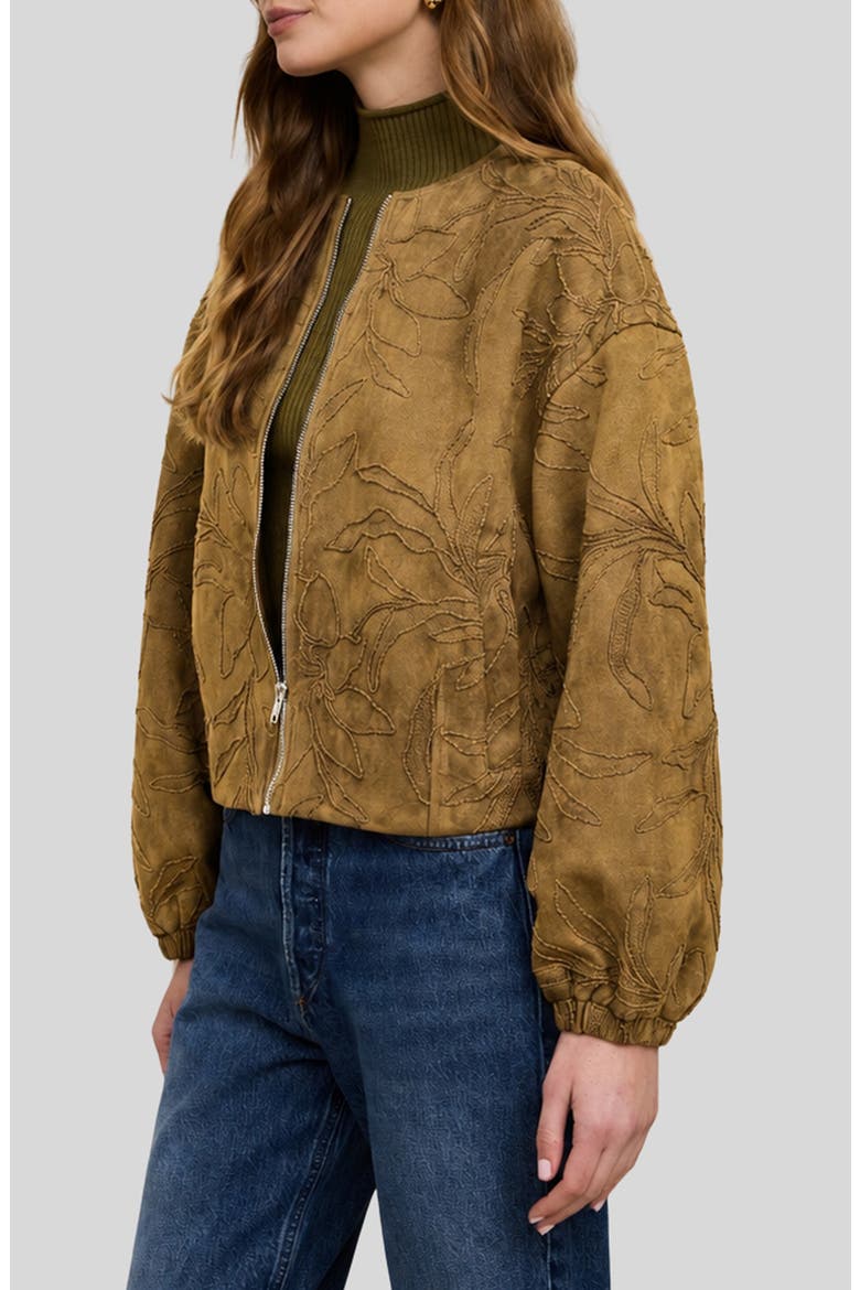 Floral Embroidered Faux Leather Bomber Jacket, Main, color, BROWN