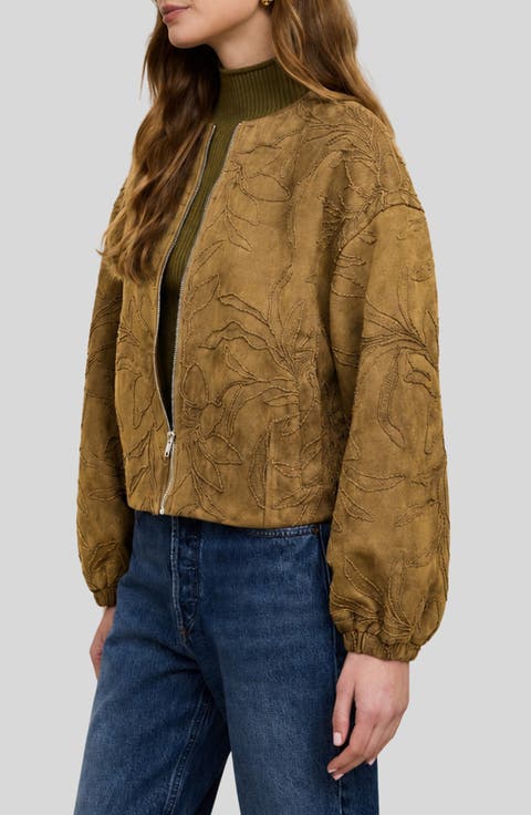 Floral Embroidered Faux Leather Bomber Jacket