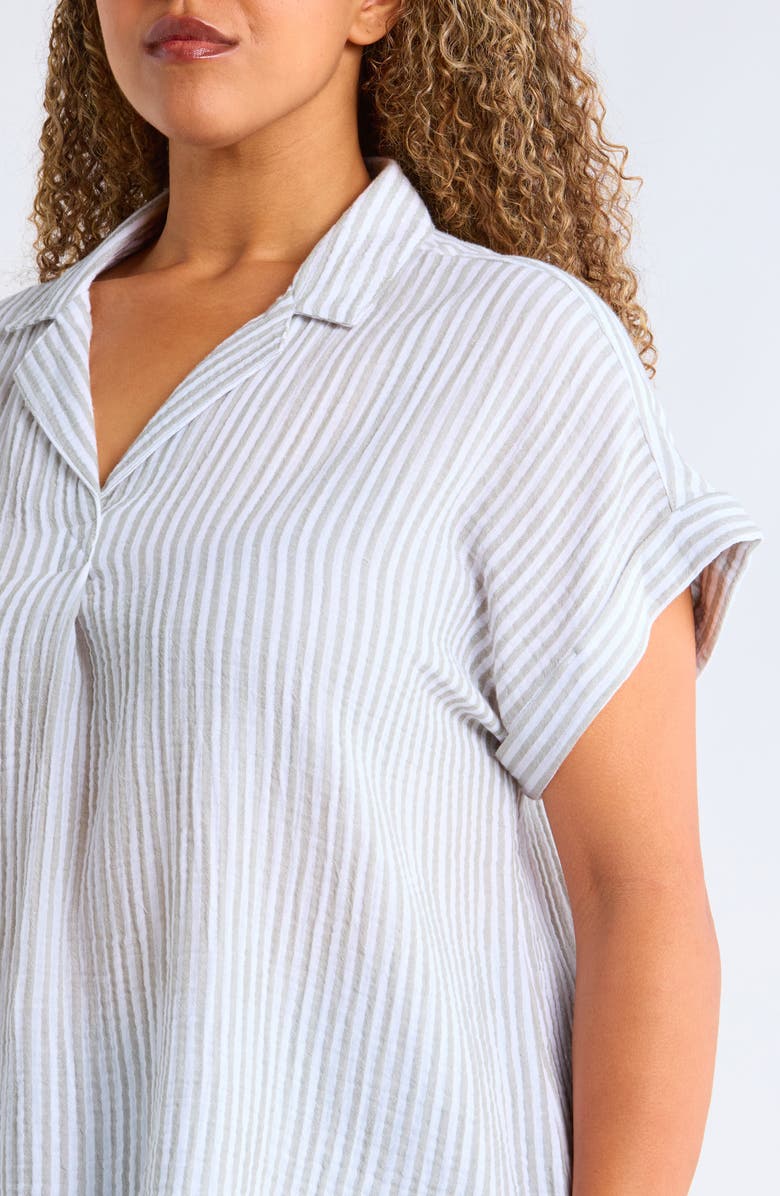 beachlunchlounge Arin Stripe Short Sleeve Cotton Button-Up Shirt, Alternate, color, Rosemary