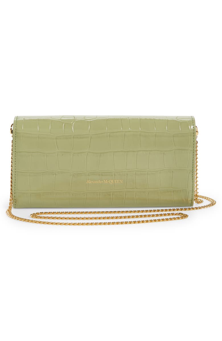 McQueen Skull Croc Embossed Leather Wallet on a Chain, Alternate, color, 