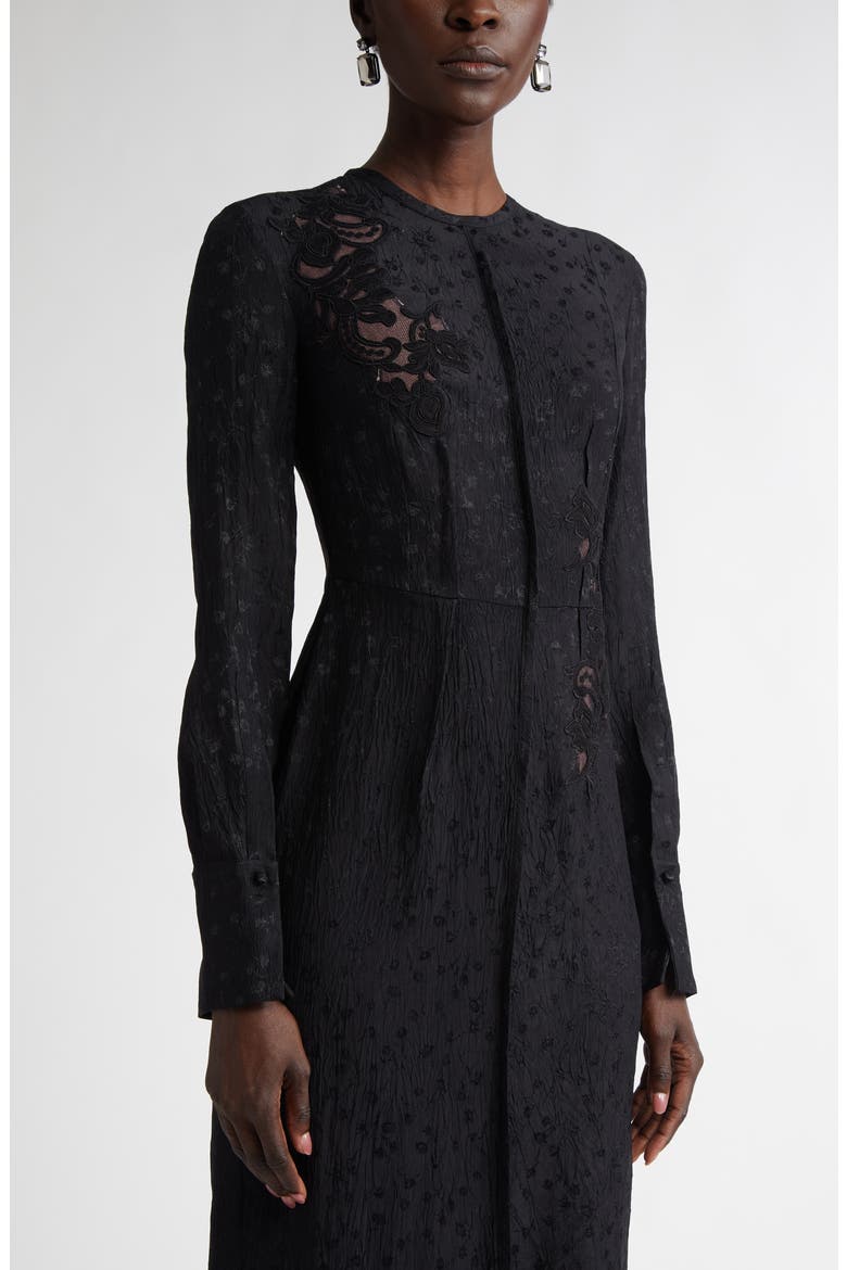 Long Sleeve Guipure Lace & Satin Midi Dress, Alternate, color, BLACK