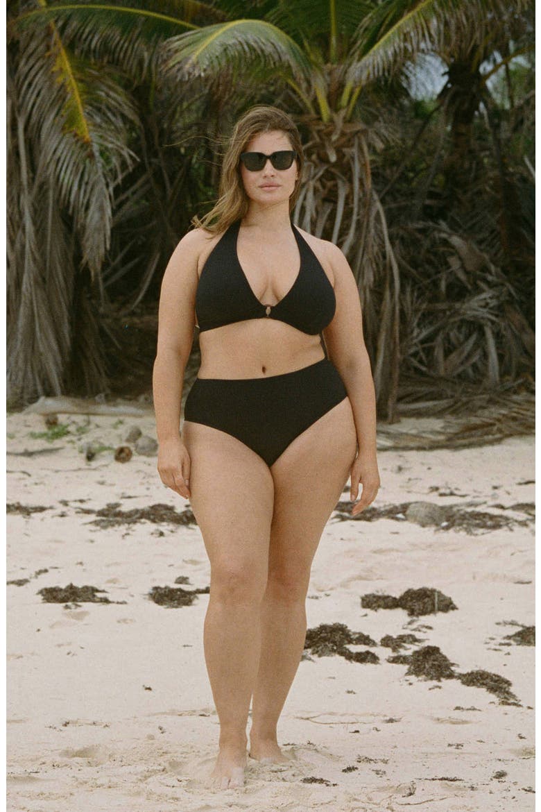 Rib High Waist Bikini Bottoms, Alternate, color, BLACK