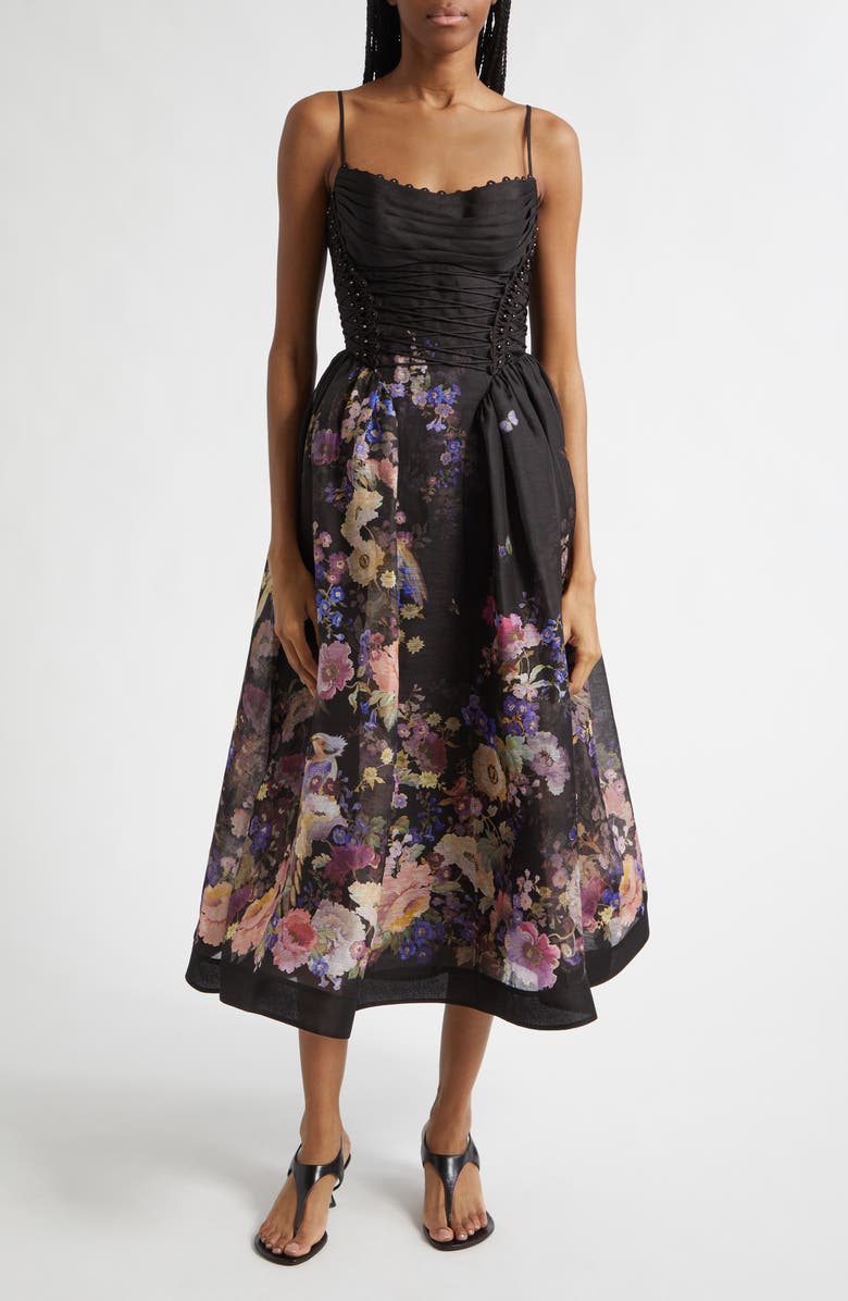 Zimmermann Kindred Spirit Luna Floral Beaded Linen & Silk Organza Picnic Dress, Main, color, Black Multi Floral