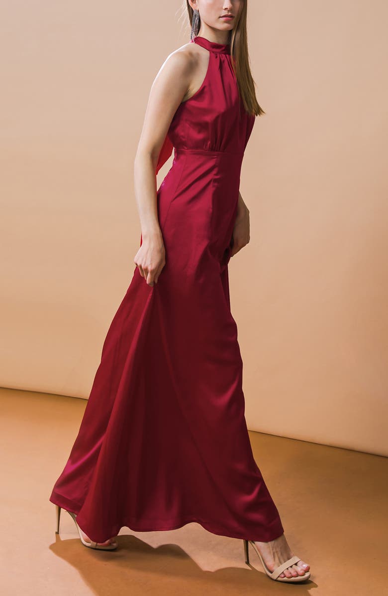 FLYING TOMATO Tie Neck Satin Maxi Dress, Alternate, color, Burgundy