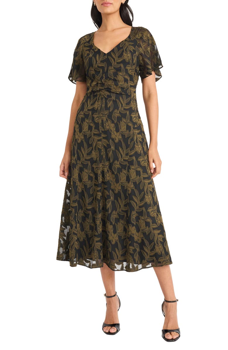 Maggy London Ruched Flutter Sleeve Dress, Main, color, Black/ Olive