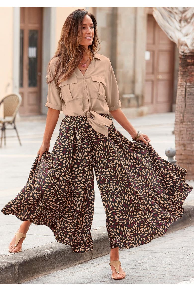 Printed Flowy Culottes, Alternate, color, Brown Printed