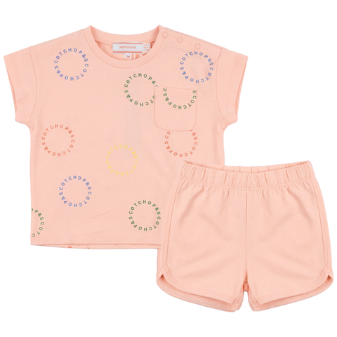 Pocket Tee Snap Shoulder Hopscotch Artwork Top and Elastic Waist Shorts Set