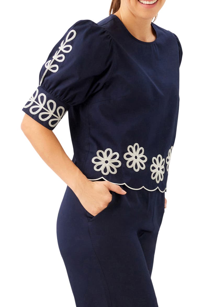 Embroidered Scallop Puff Sleeve Cotton Top, Alternate, color, NAVY