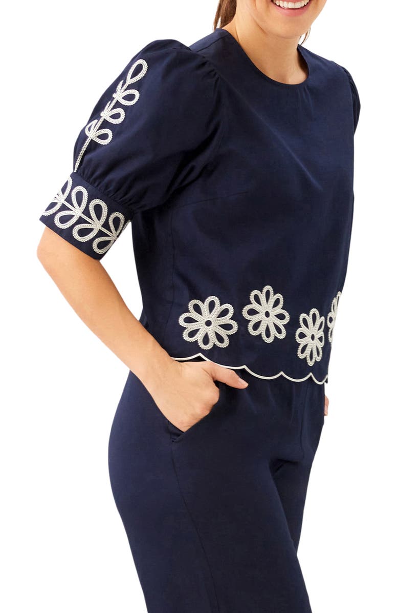 Karen Kane Embroidered Scallop Puff Sleeve Cotton Top, Alternate, color, Navy