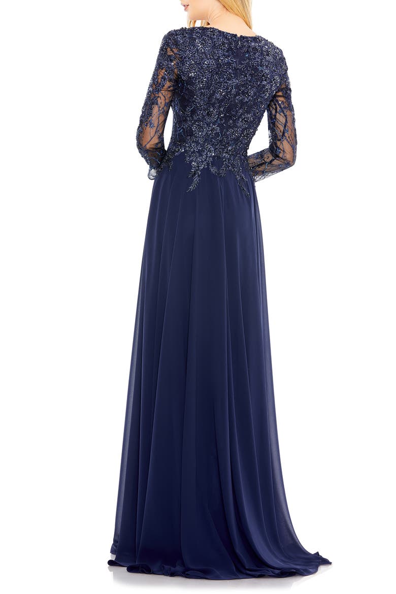Embroidered Illusion Long Sleeve V Neck Gown, Alternate, color, NAVY